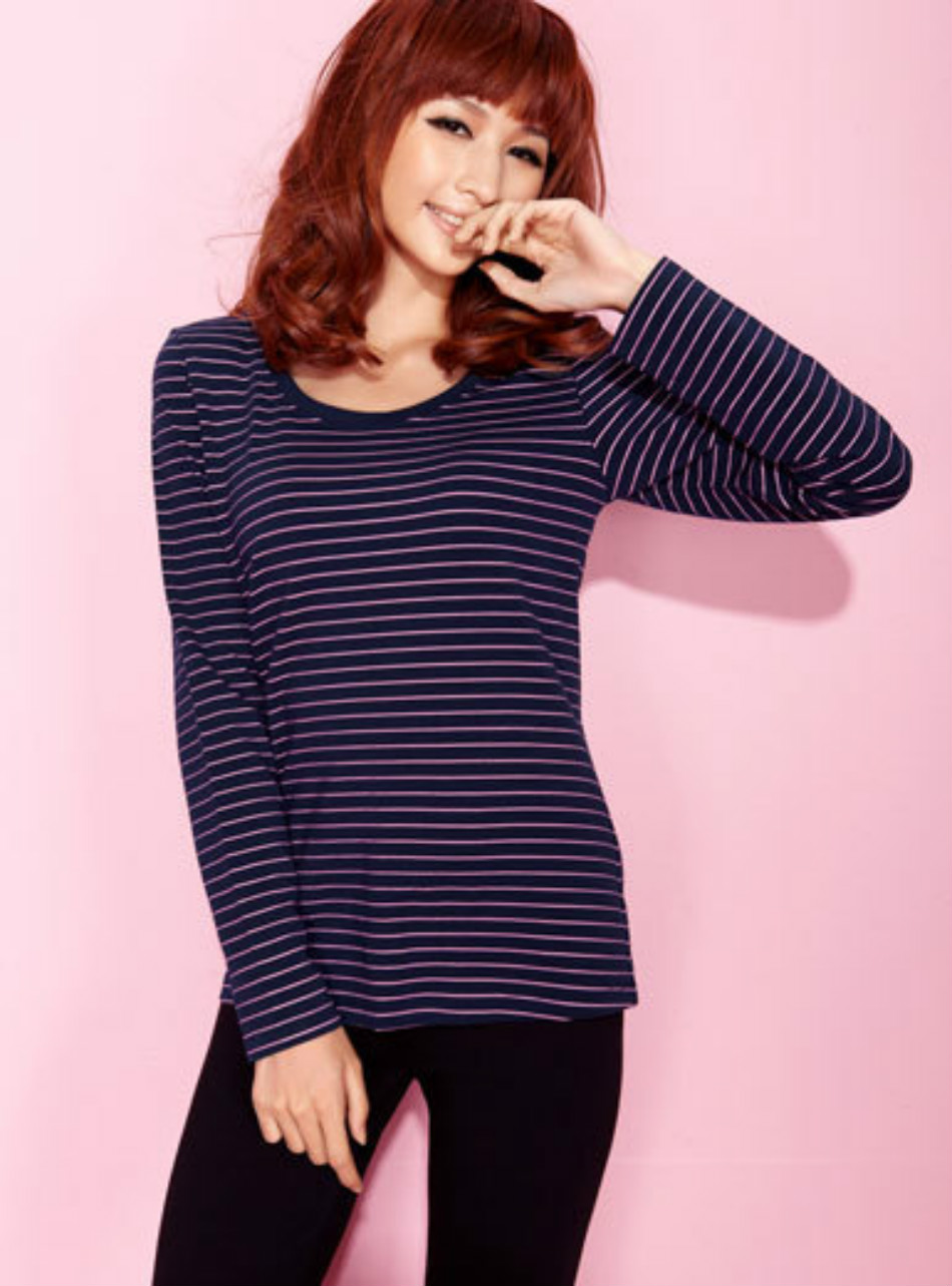 MOONBASA cherry pie fashion fine stripe o-neck all-match basic top