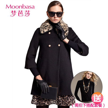 MOONBASA three quarter sleeve medium-long wool coat leopard print fur collar 4609