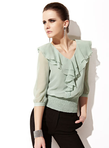 MOONBASA women's double layer lotus leaf V-neck three quarter sleeve waist chiffon shirt new arrival