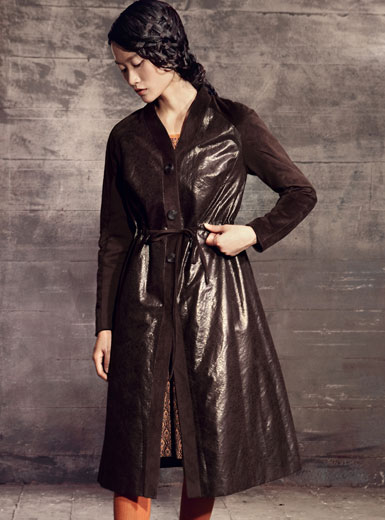 MOONBASA women's fashionable casual leather litchi velvet long outerwear