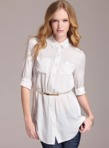 MOONBASA women's neckline royal embroidered all-match shirt with belt spring