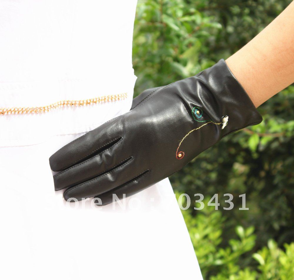 Moq=1,Lady's genuine leather glove,fashion cape glove women,ladies embroider+bowknot gloves,free shipping,ID:F157