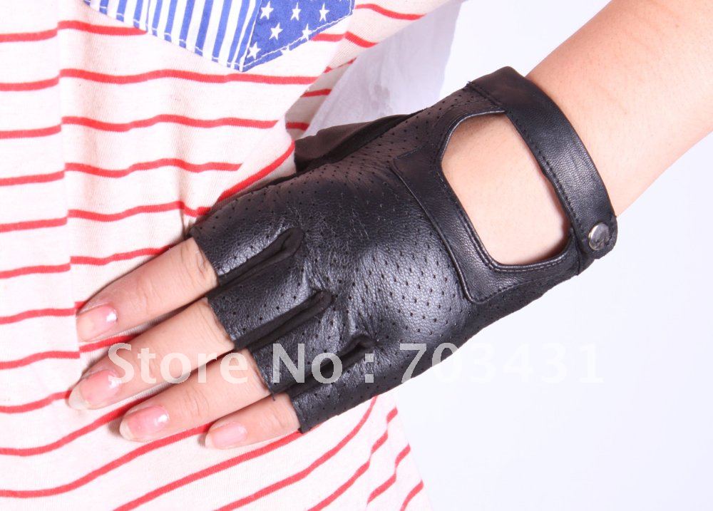 Moq=1,lady's genuine leather glove,lambskin half finger buckle mittens,women's hip-hop gloves,free shipping,ID:F260