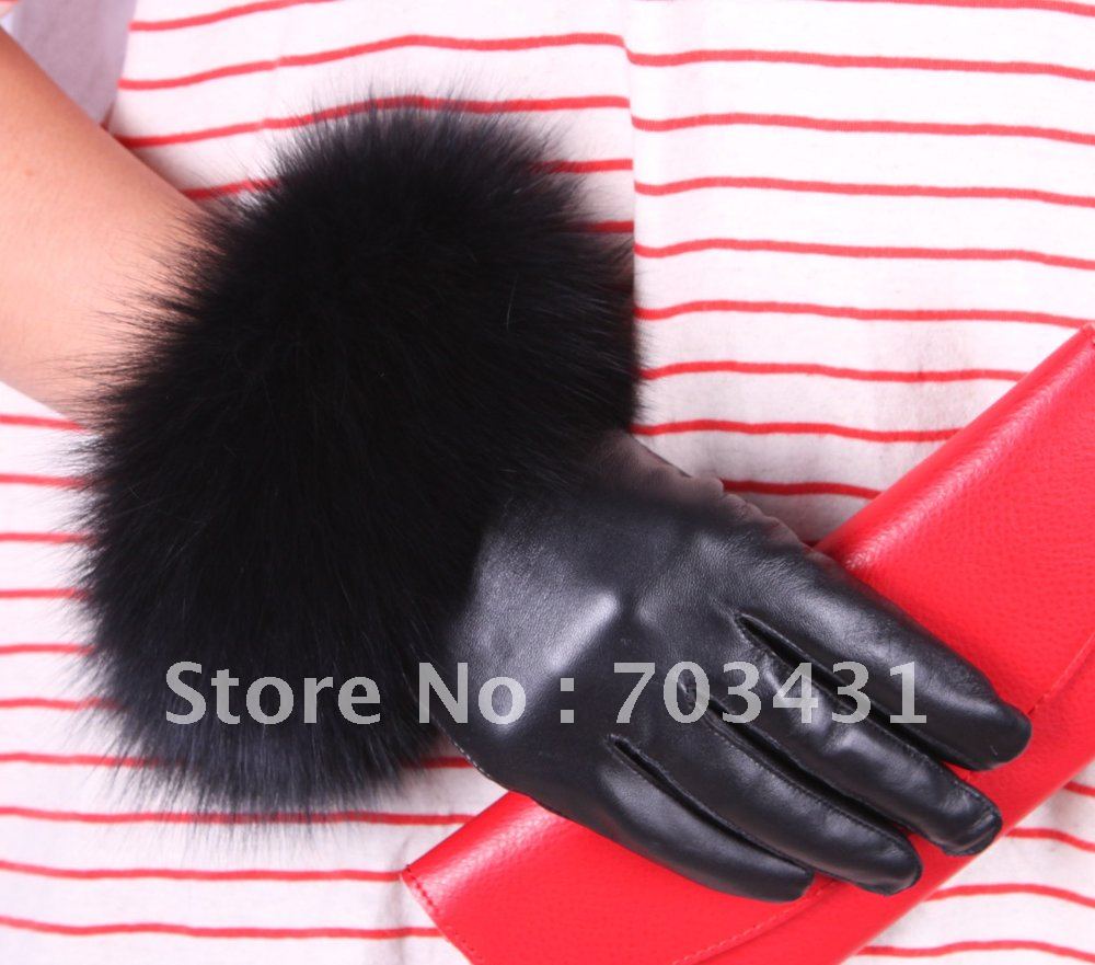 Moq=1,Lady's genuine sheep leather glove,fashion big fox fur burr gloves,multicolour warm glove women,free shipping,ID:F136