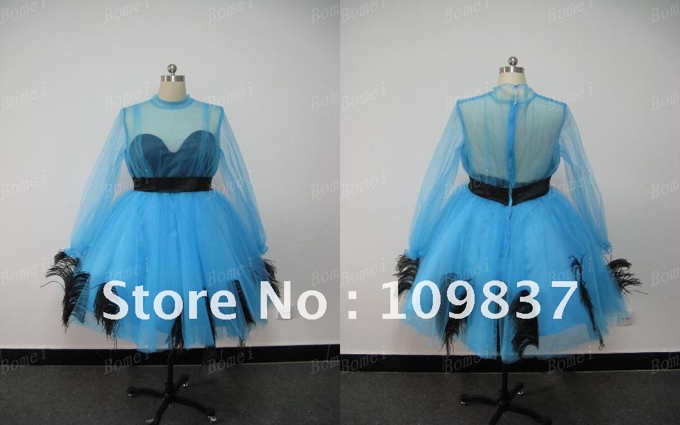 Most Beautiful Custom Made Sexy Unique Ball Gown Jewel Mini Tulle Net Blue And Black High Collar Celebrity Dress With Feathers