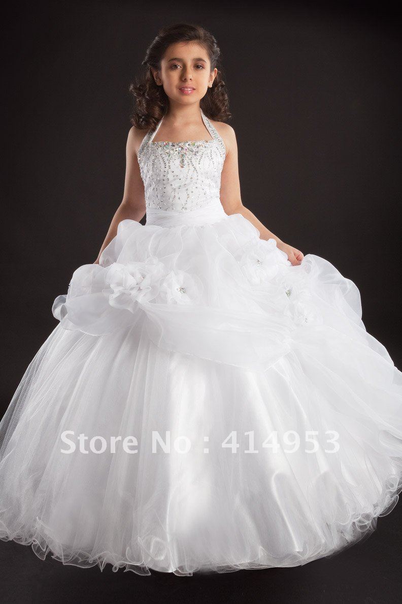 Most Beautiful Halter Beaded White Organza Ruffles Floor Length Pageant Ball Gown Flower Girl Dresses