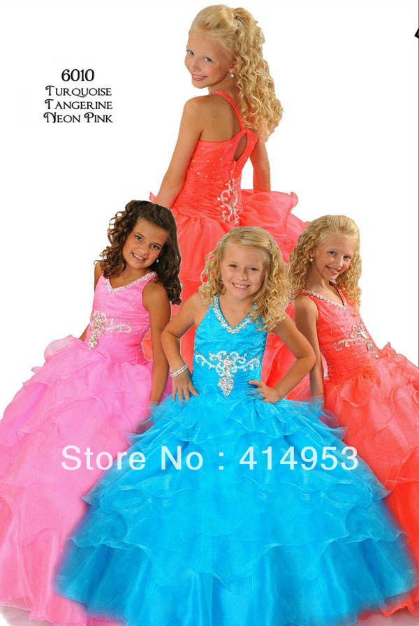 Most Popular 2013 Halter Applique Beaded Organza Ruffles Girls Holiday Long Pageant Dresses for Weddings