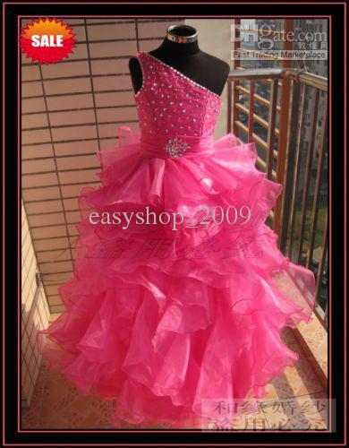 Most Popular Birthday dress  ROSE RED ONE-SHOULDER WEDDING FLOWER GIRL PARTY PROM GOWN  customised