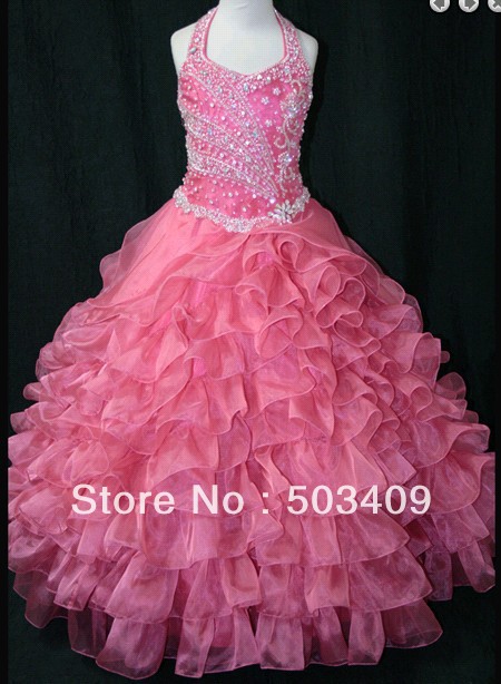 Most Popular Party dress Halter bead  crystals Girls Pink Pageant Gown
