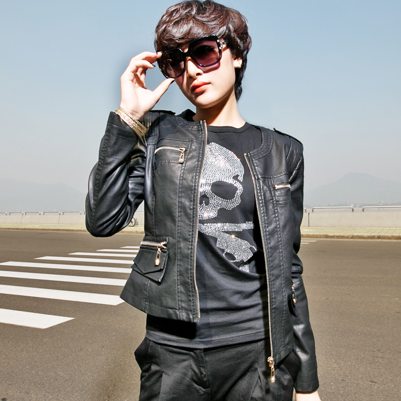 Motorcycle female leather clothing spring and autumn women's PU water washed leather outerwear jacket 090 free shipping