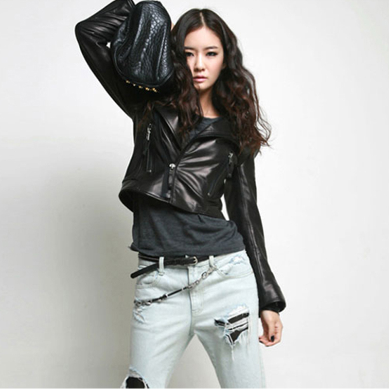 Motorcycle female women's leather clothing female short design slim coat jacket spring and autumn epaulette