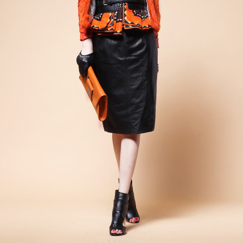 Motoul  women's genuine leather sheepskin after placketing half-length leather skirt dqb515