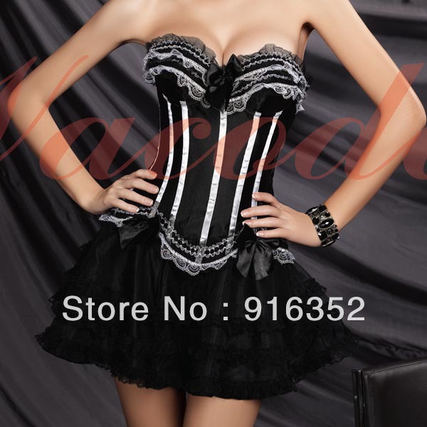 Moulin Rouge Burlesque Lace up Boned Corset Bustier Dress Mini Skirt Costume Free Shipping