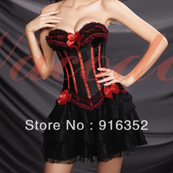 Moulin Rouge Burlesque Lace up Boned Corset Bustier Dress Mini Skirt Costume free shipping