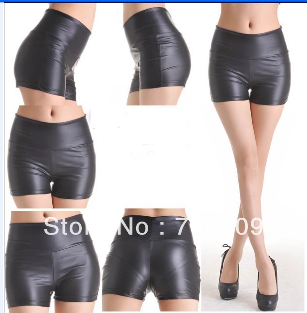 Mr. Sexy Black Imitation leather pants abdomen stretch hot pants free shipping