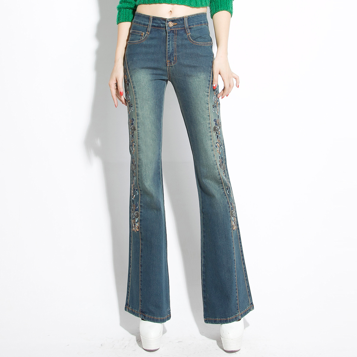 MS COLOR Mid waist Water wash Embroidered Women's Ladies' Jeans, big boot cut