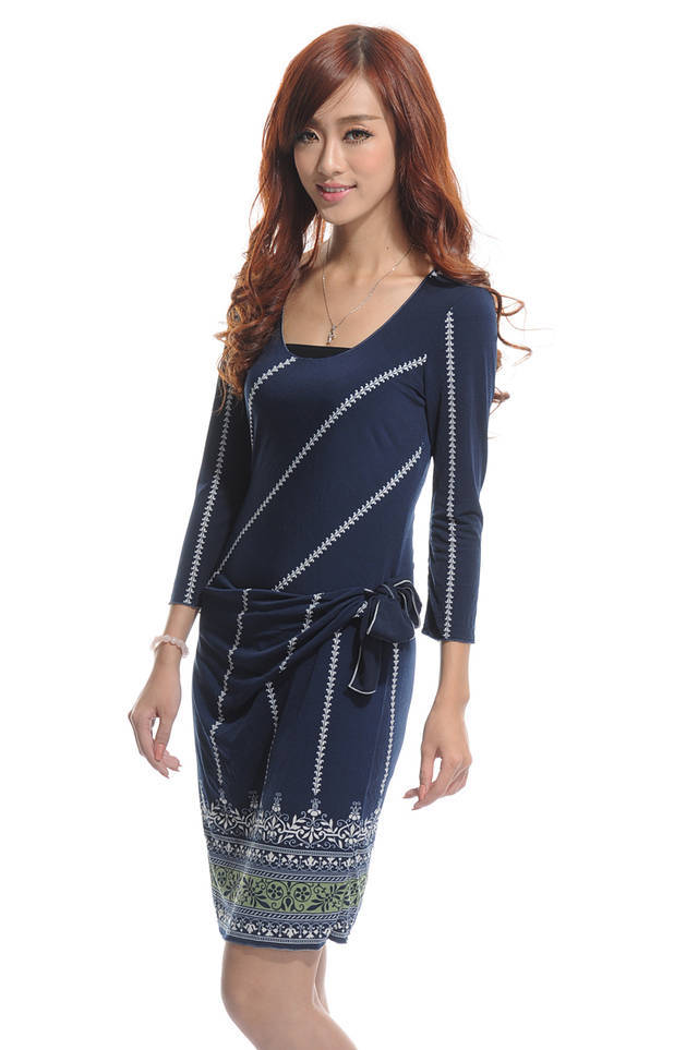 MS Formal Gentlewomen Elegant Print Strap Wrist-Length Sleeve One-Piece OL Dress High Quality