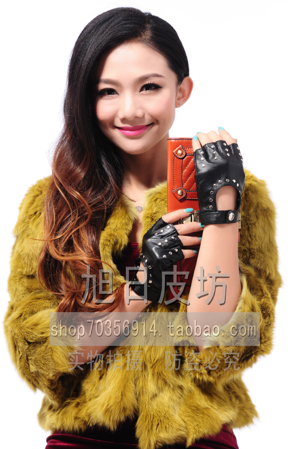 Ms. punk style fashion leather sheepskin gloves rivets Gypsophila half brachydactyly dance autumn and summer gloves