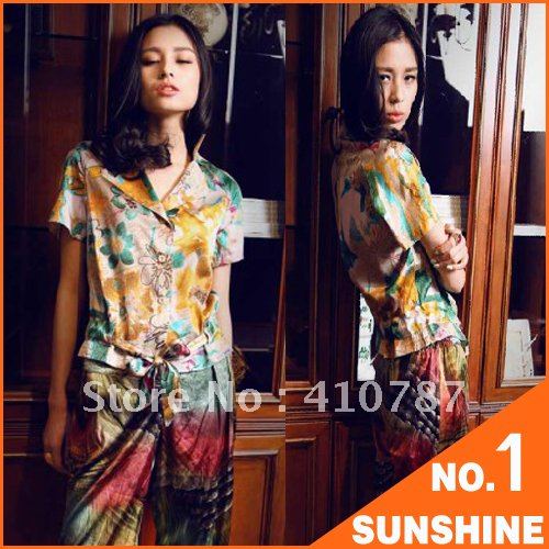 Mucha-Flower-de-luce/Blouse/shirt/Active silk/mulberry silk/short sleeve/printing/women/real silk/Free Shipping/VOAA11