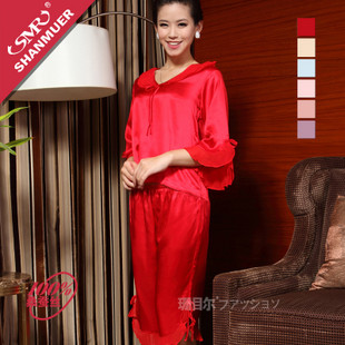 Mulberry silk female red shank length trousers three quarter sleeve twinset silk sleepwear sm7907