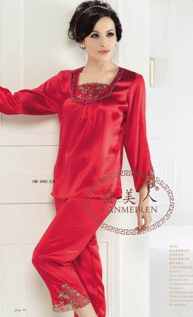 Mulberry silk female spring and autumn long-sleeve lace pullover long-sleeve silk sleep set sm6892