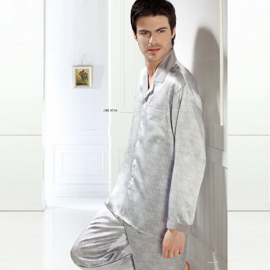 Mulberry silk heavy silk sleepwear male cool long sleeve length pants set 6716 free shipping