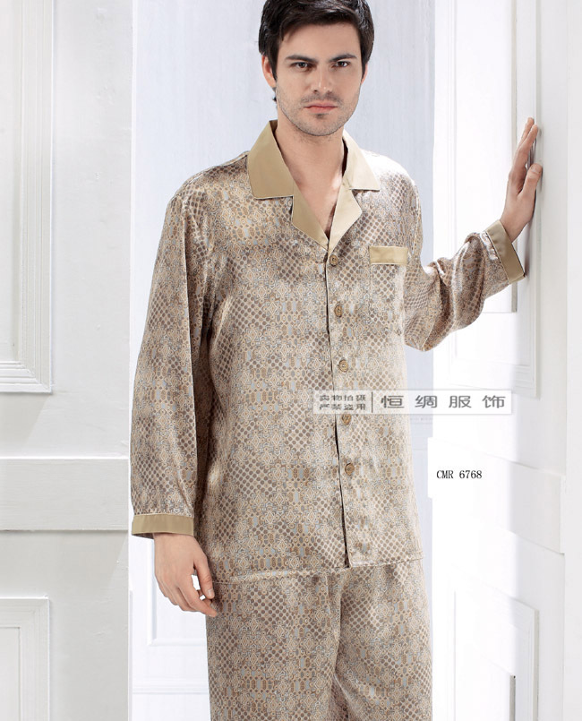Mulberry silk heavy silk sleepwear male long sleeve length pants set 6768
