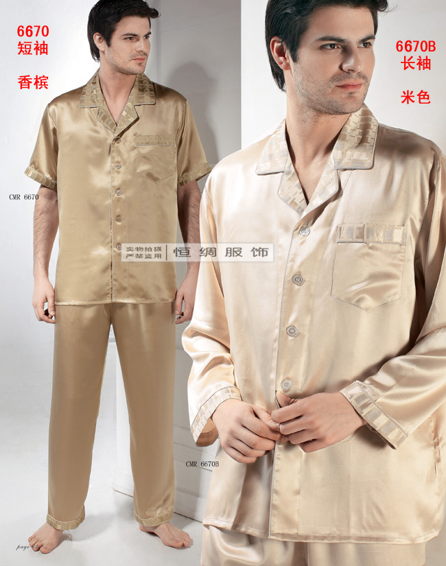 Mulberry silk heavy silk sleepwear male spring and summer short sleeve length top trousers twinset
