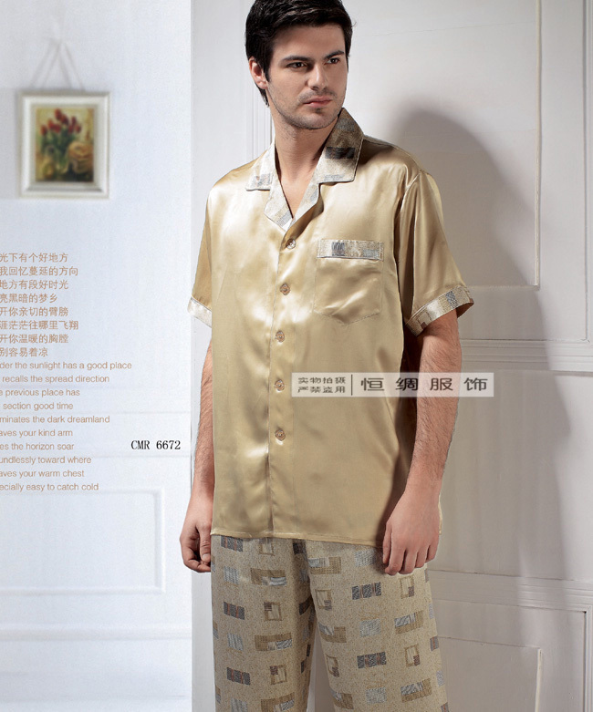 Mulberry silk heavy silk sleepwear male summer short-sleeve top trousers twinset 6672