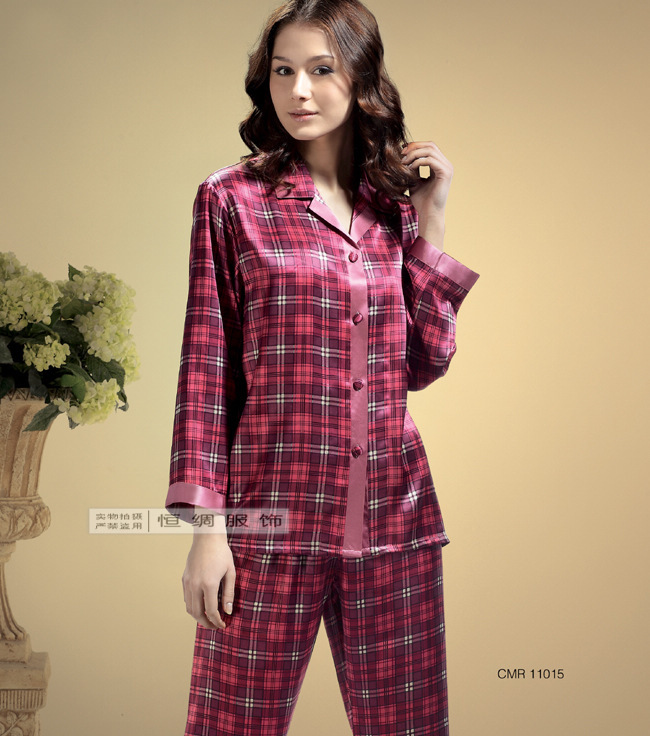 Mulberry silk heavy silk sleepwear spring and summer women's plaid long sleeve length pants set 11015