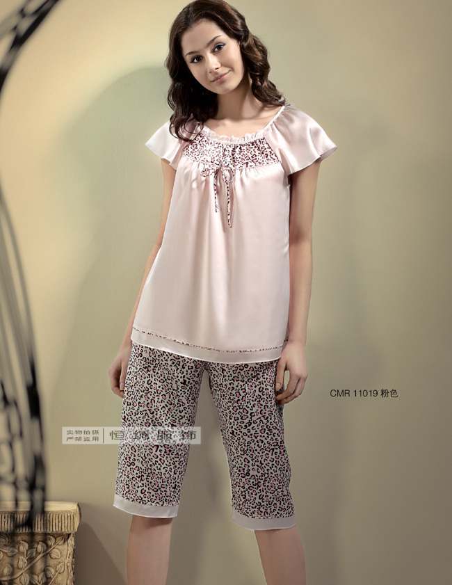 Mulberry silk heavy silk sleepwear women's lounge short-sleeve top capris set 11019