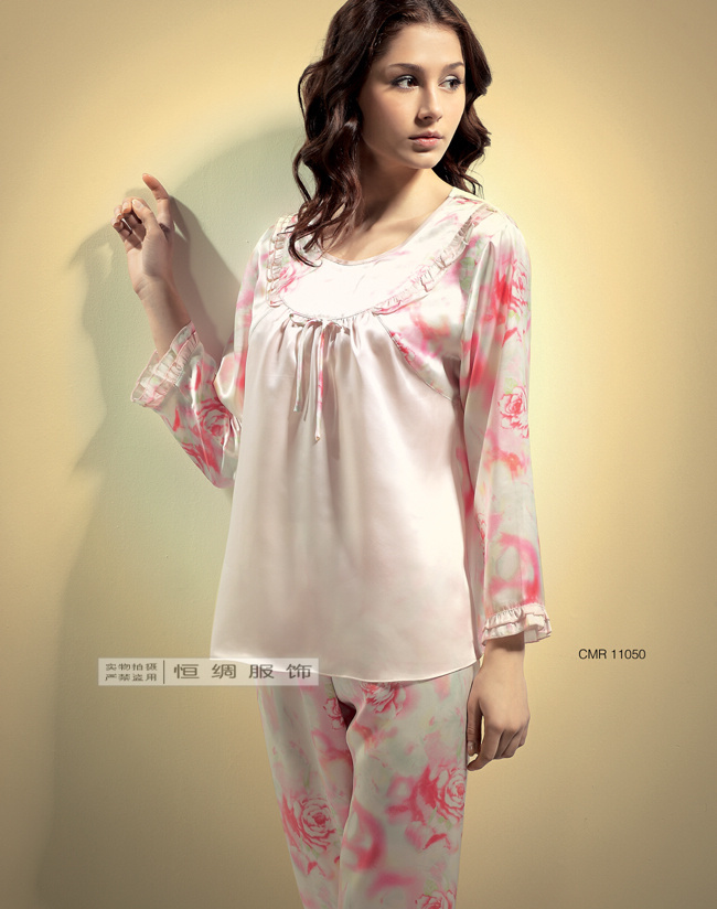 Mulberry silk heavy silk sleepwear women's spring and summer long-sleeve top trousers set 11050