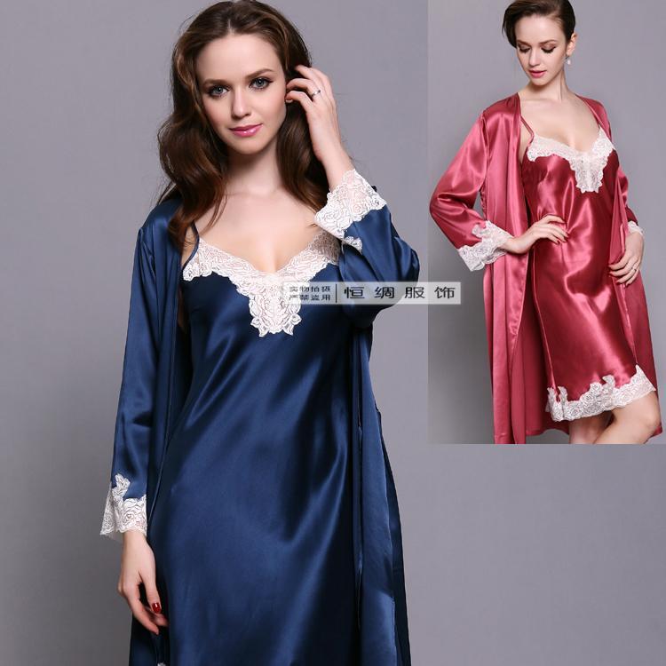 Mulberry silk heavy silk sleepwear women's spring and summer spaghetti strap nightgown robe twinset