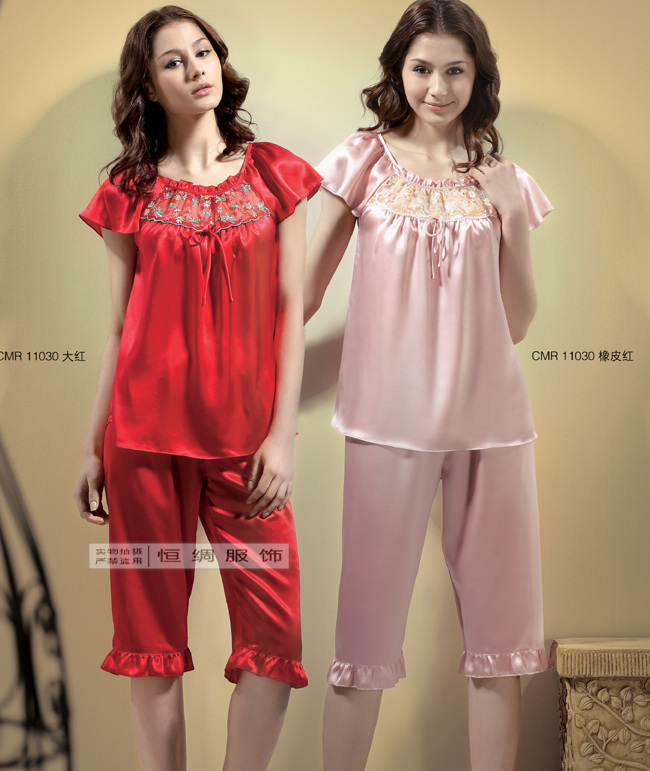 Mulberry silk heavy silk sleepwear women's summer short-sleeve top capris set 11030