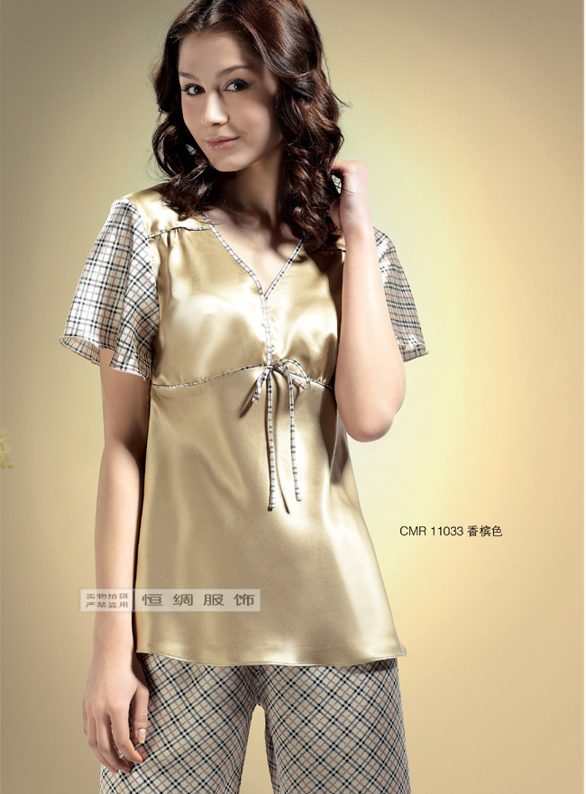 Mulberry silk heavy silk sleepwear women's summer short-sleeve top capris set 11033