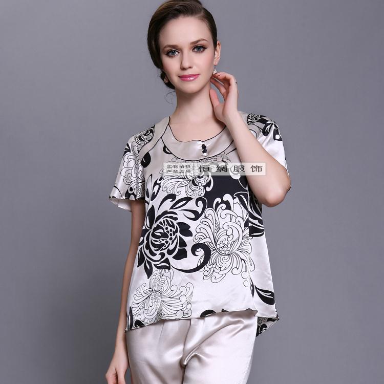 Mulberry silk heavy silk sleepwear women's summer short-sleeve top shank length trousers set 8002