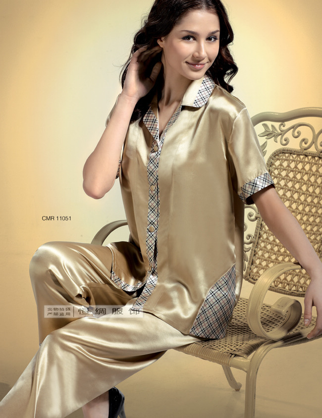 Mulberry silk heavy silk sleepwear women's summer short-sleeve top trousers set 11051