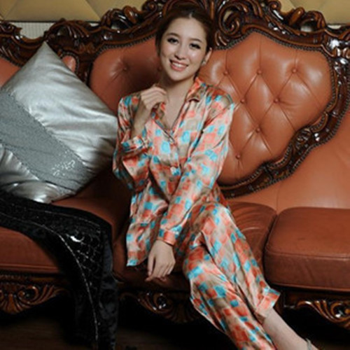 Mulberry silk print long-sleeve sleepwear pants set women's spring and autumn silk lounge