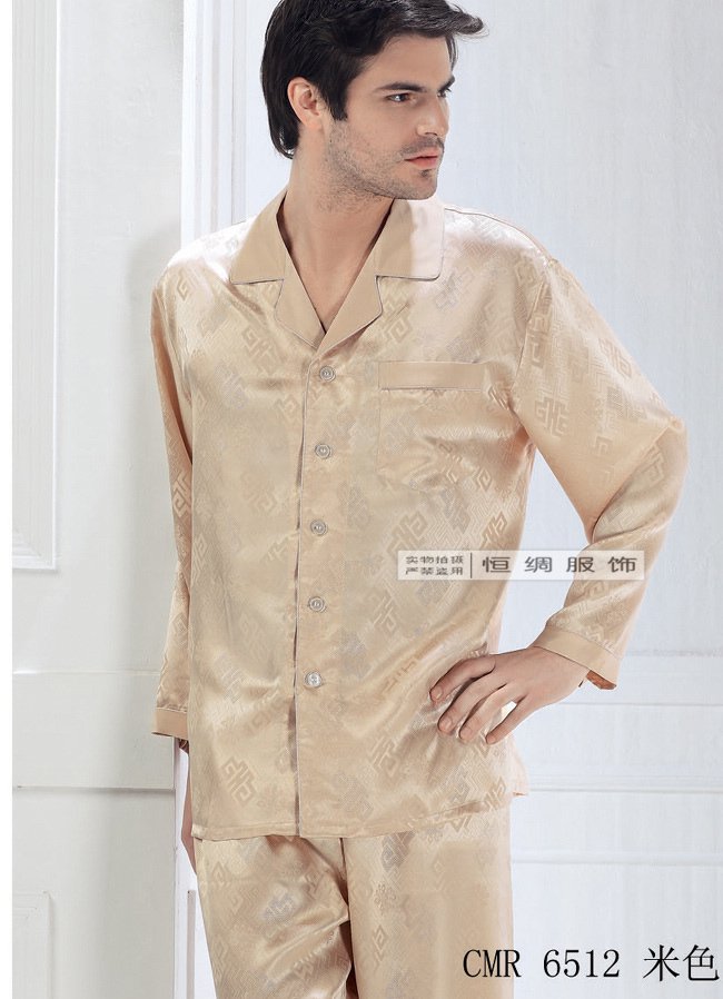 Mulberry silk quality jacquard silk sleepwear male long sleeve length pants set 6512