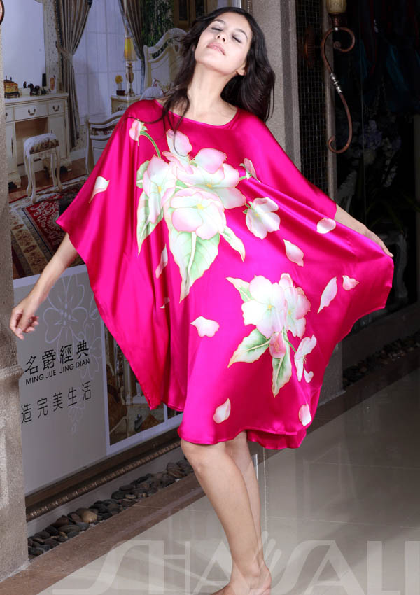 Mulberry silk sleepwear colored drawing silk batwing shirt plus size clothing