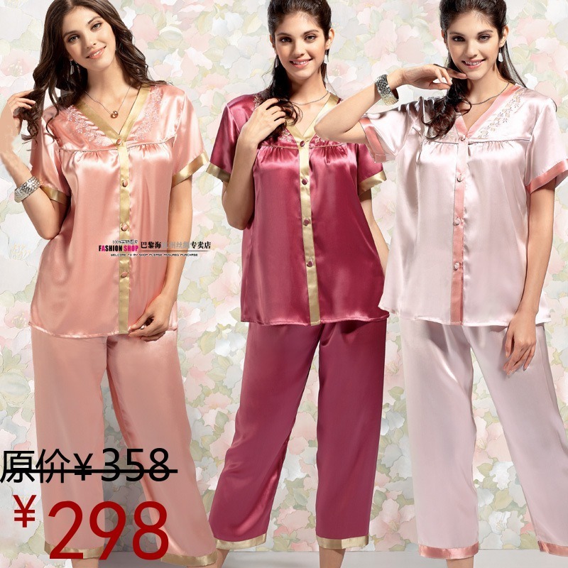 Mulberry silk sleepwear lounge female embroidered short sleeve length pants sleep set 2219