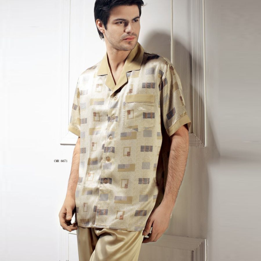 Mulberry silk sleepwear male short sleeve length pants set xxxl ultralarge 6671 free shipping