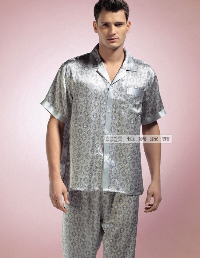 Mulberry silk sleepwear male spring and summer long-sleeve short-sleeve top trousers twinset 2063