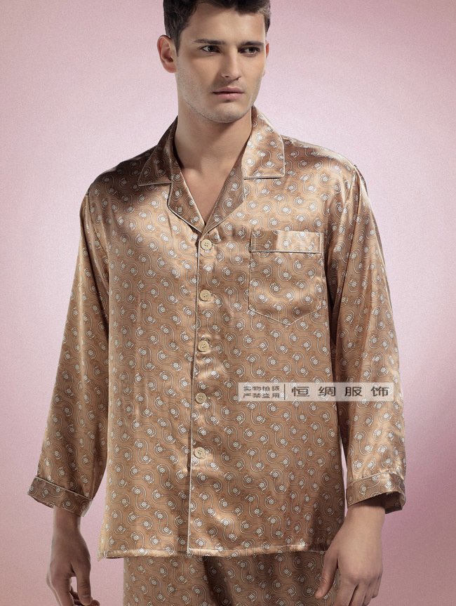 Mulberry silk sleepwear male spring and summer lounge long-sleeve top trousers twinset 019