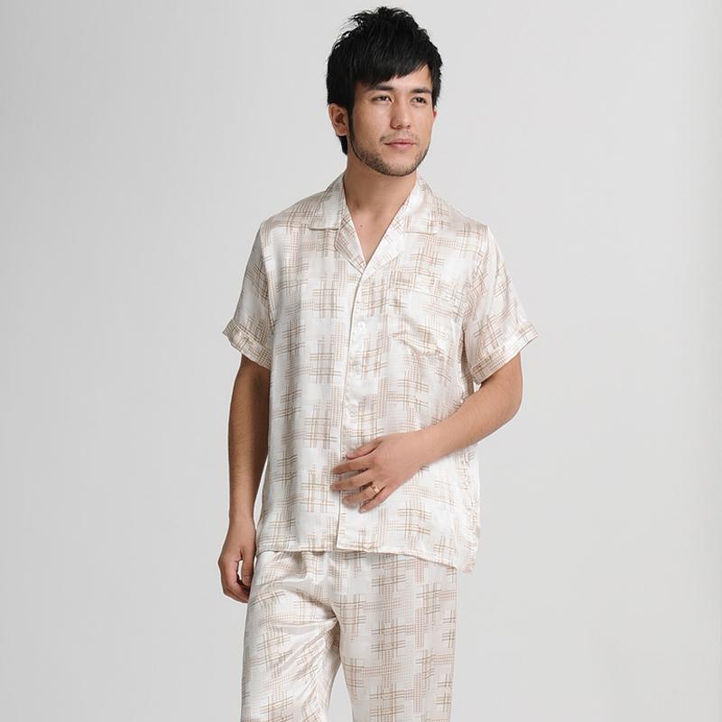 Mulberry silk sleepwear male spring and summer short-sleeve top trousers twinset 019 - 12