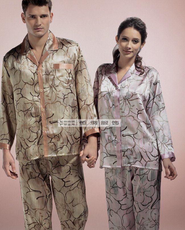 Mulberry silk sleepwear spring and summer lovers lounge male women's long sleeve length pants set 2095