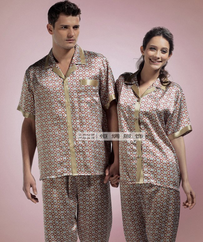 Mulberry silk sleepwear summer lounge short-sleeve buckle top trousers lovers set bowline