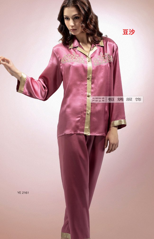 Mulberry silk sleepwear women's spring and summer buckle long-sleeve top trousers set lounge 2161