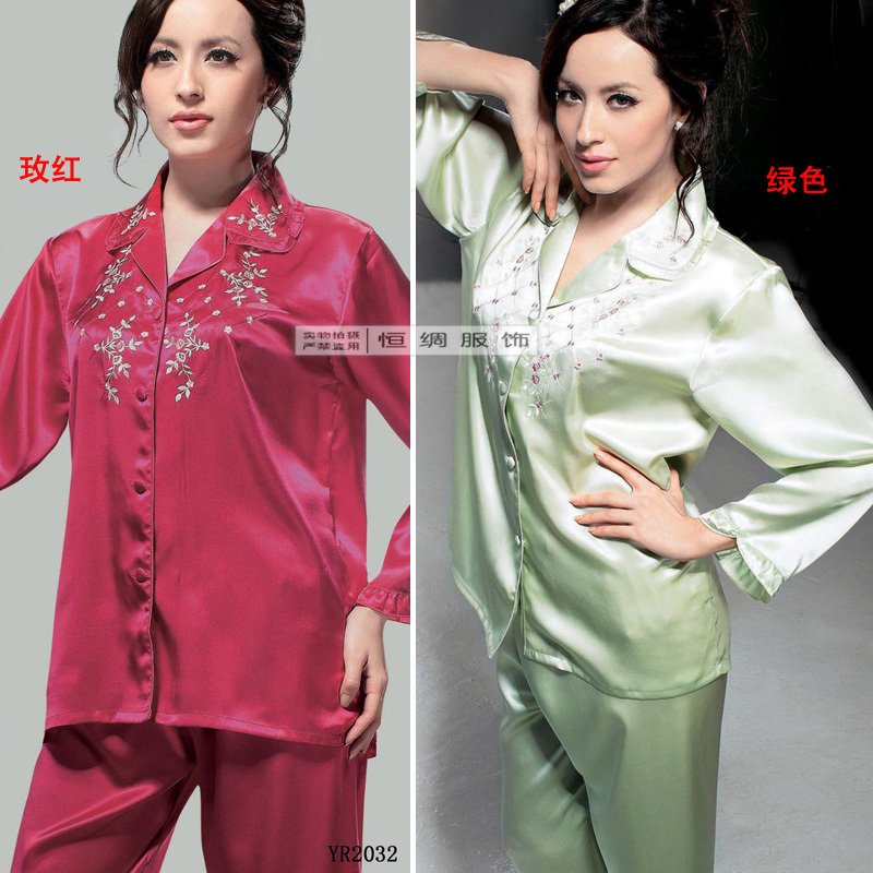 Mulberry silk sleepwear women's spring and summer long-sleeve top trousers set embroidered lounge 2032