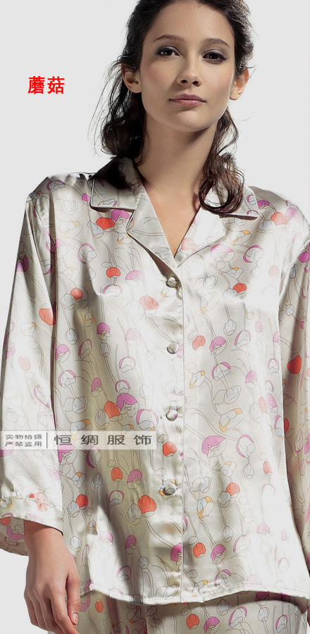 Mulberry silk sleepwear women's spring and summer long-sleeve top trousers set lounge 011 mushroom